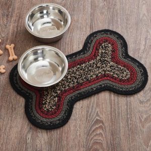 Farmhouse Black, Red, Tan, Grey Bone Shaped Jute Braided Dog Feeder Mat Pet
